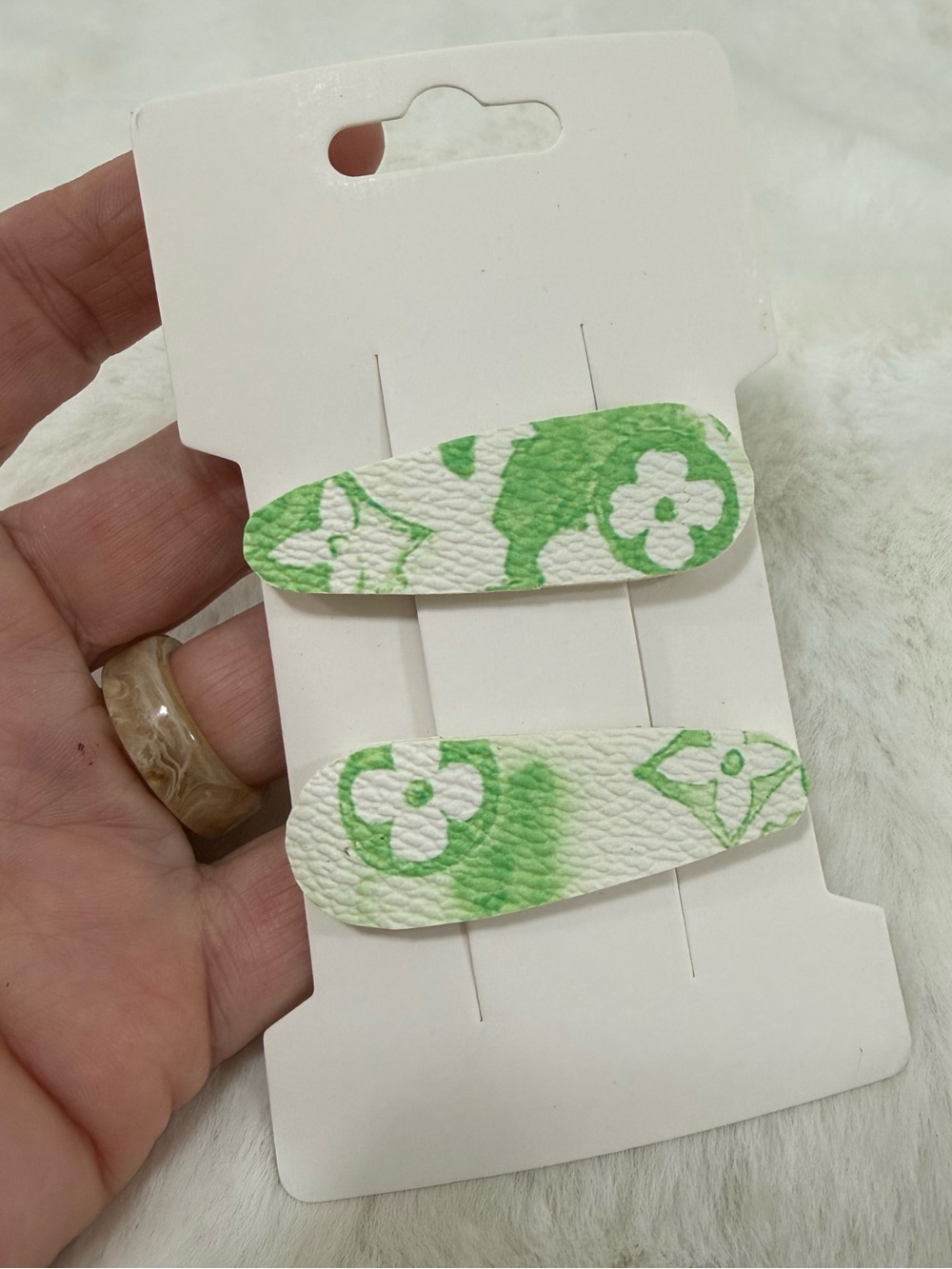 Louis Vuitton green upcycled hair clips barrettes set